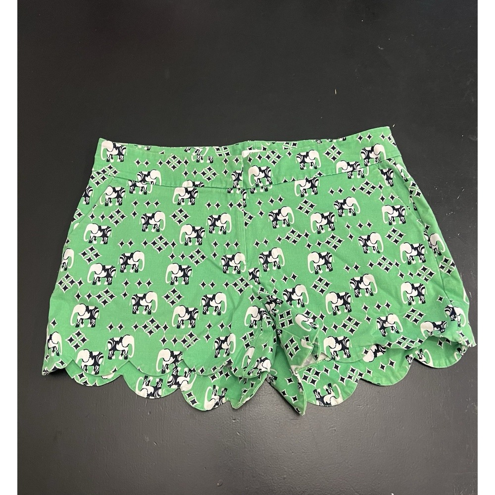 Crown & Ivy Green Blue Preppy Coastal Elephant Scalloped Hem Chino Shorts Sz 10